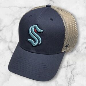 47’ NHL Seattle Kraken dark gray and Tan trucker hat adjustable